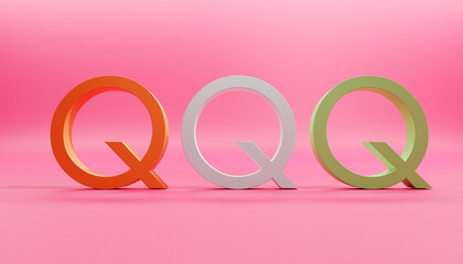 Pink studio background with three dimensional letter Q in three colors.