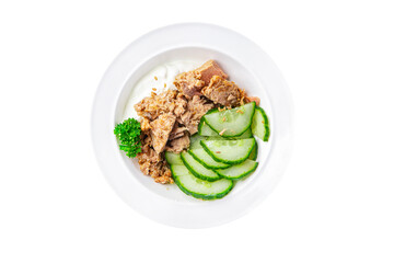 tuna salad, cucumber and yogurt or sour cream meal food snack on the table copy space food background rustic top view