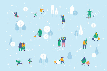 Winter people outdoor activities flat illustration