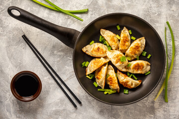 Gyoza, japanese pan-fried dumplings, on light background. 