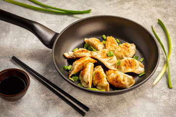 Gyoza, japanese pan-fried dumplings, on light background. 