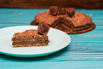 Delicious chocolate layer cake with toffee heart