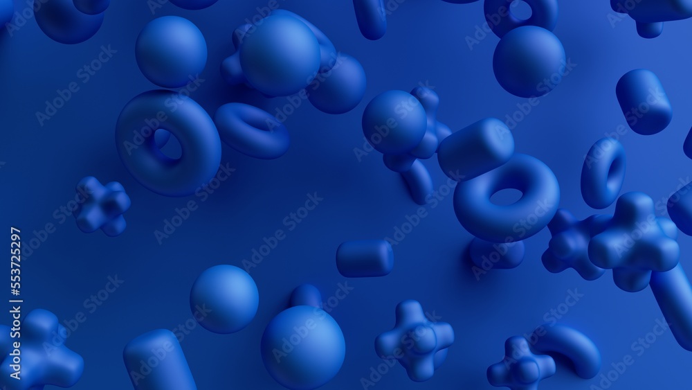 Aufkleber 3d rendering, abstract blue background with assorted geometric objects and balls falling down. simpl