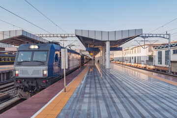 Fototapeta na wymiar Train stands by the platform before departure.