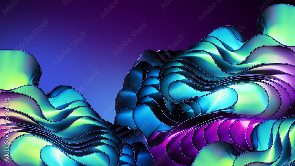 Wall mural 3d render, abstract neon background with curvy layers and folds. drapery waving and fluttering. mode