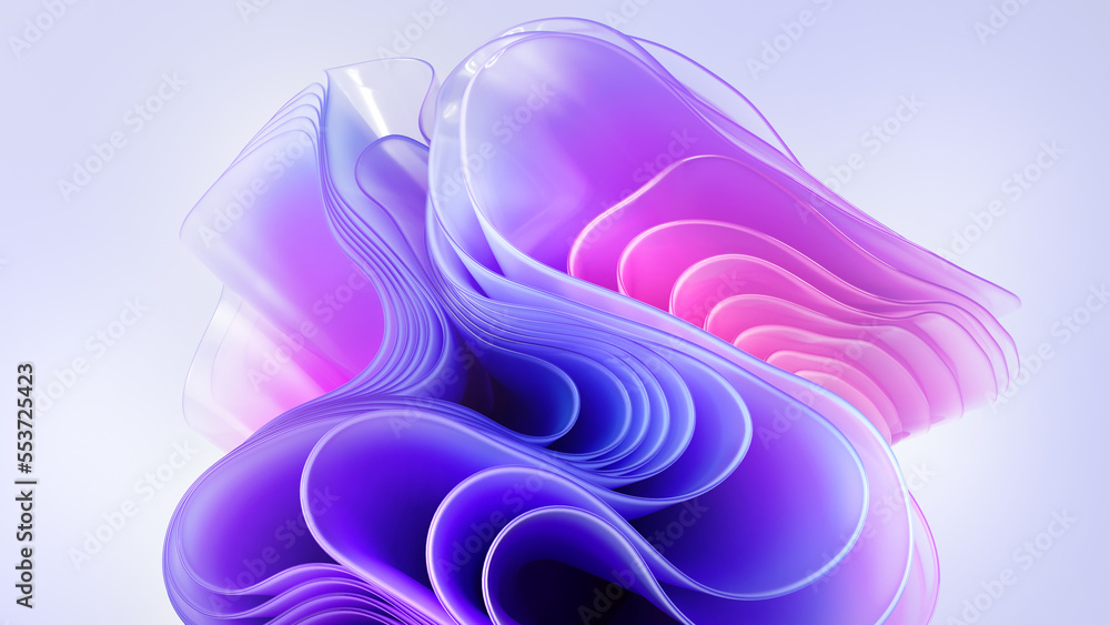 Wall mural 3d render, modern abstract wallpaper with curvy pink violet translucent film ruffles, layers and fol