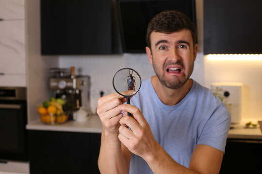 Shocked man observing a cockroach through magnifying glass