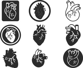 Human heart icon set, human internal organ icon set black vector