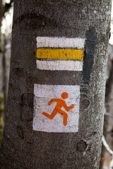 Yellow tourist trail. The sign is painted on trees, poles, rocks. Hiking, bicycle and mountain tourist symbol