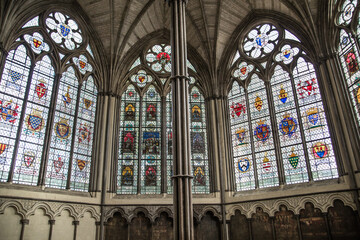 London, UK. Chapter House of the Collegiate Church of St. Peter  Westminster Abbey. Interior with staines glass windows - obrazy, fototapety, plakaty