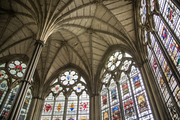 London, UK. Chapter House of the Collegiate Church of St. Peter  Westminster Abbey. Interior with staines glass windows - obrazy, fototapety, plakaty