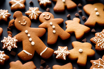 professional food photography close up of a Three gingerbread man cookies fall onto a pile of chocolate gingerbread man cookies  - AI Generated