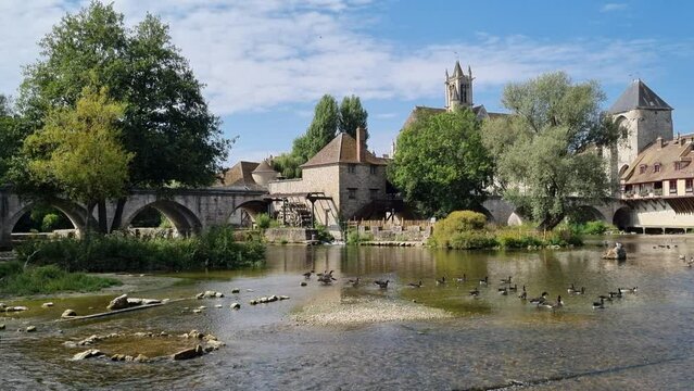 Medieval tourist town in France near a river Loing, Moret-sur-Loing, near Fontainebleau and High quality 4k footage