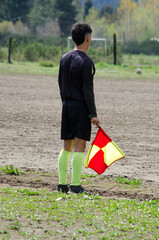 soccer referee, standing with a pennant in his hand
