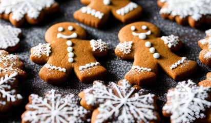 Obraz na płótnie Canvas professional food photography close up of a Three gingerbread man cookies fall onto a pile of chocolate gingerbread man cookies - AI Generated