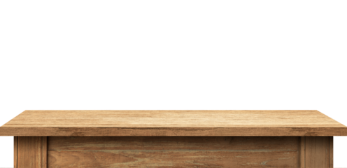 Front view wooden table mockup isolated for product presentation. Realistic rustic wood texture