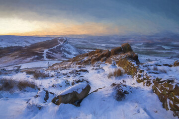 Digital painting of a Hen Cloud winter sunrise and snow at The Roaches, Staffordshire.