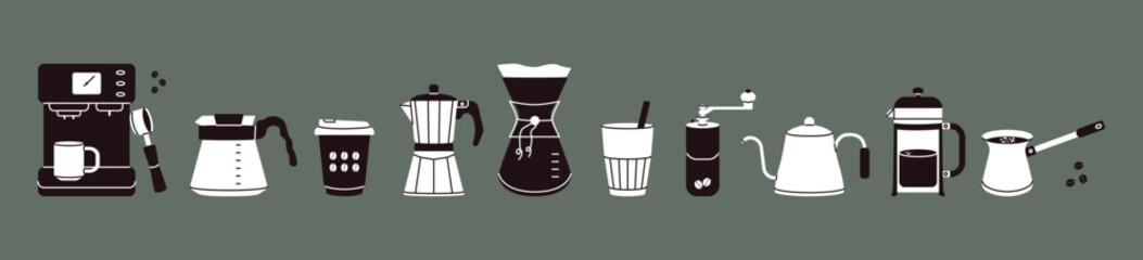 Coffeehouse accessories. Alternative coffee brewing methods, coffee machine french press kettle icons. Vector cartoon set