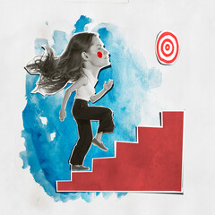 Contemporary art collage. Motivated, ambitious woman, employee running upwards the stairs, reaching...