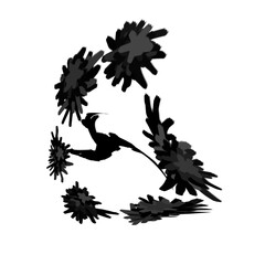 Flying black stylized bird or dragon in a wreath of cute flowers in a gray gradient. Isolated abstract silhouettes for a decorative exotic geometric pattern. Fabulous floral print for a mystical decor