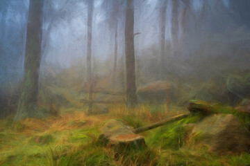 Digital oil painting of woodland winter mist and fog at The Roaches, Staffordshire.