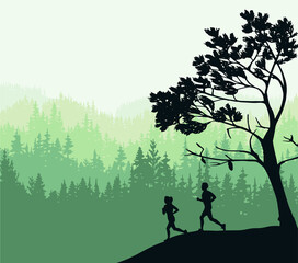 Silhouette of boy and girl jogging. Tree in front, forest background. Magical misty landscape. Illustration, badge, sticker.