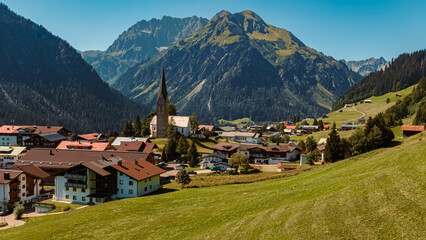 Beautiful alpine summer view at the famous Zafernalift, Kleinwalsertal valley, Mittelberg,...