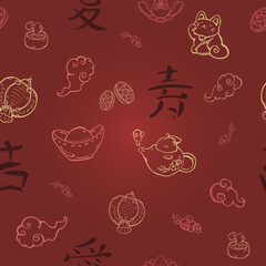Vector seamless pattern with Chinese objects on the red background. Lucky cat, lotus, tea, coins. Chinese symbols that mean "Luck", "Love", and "Longevity".