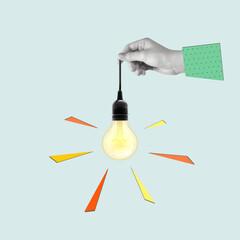 Modern art collage of a hand holding a light bulb. Creativity and new ideas in business. Copy...