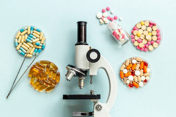 Biotechnology concept with medical drugs and microscope in the lab