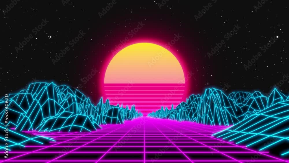 Poster 3d animation of futuristic 80s dynamic synthwave retro style night ride - wireframe motion design ba