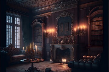 Baroque living room interior of a gothic style castle with candles and a fireplace and wooden walls