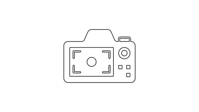 Black line Photo camera icon isolated on white background. Foto camera. Digital photography. 4K Video motion graphic animation