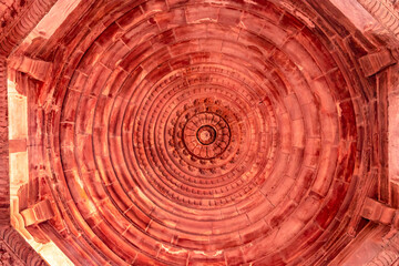 ancient hindu temple dome inside architecture from unique angle at day