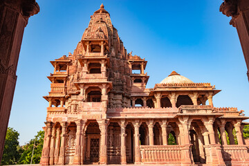 ancient hindu temple architecture with bright blue sky from unique angle at day