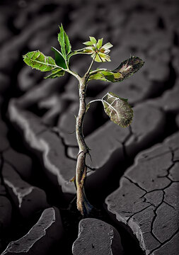 dying flower in a deserted soil due to a draught black and white