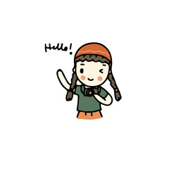 A girl say hello and take photo
