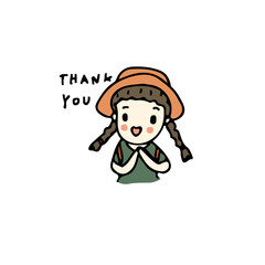 Cute girl with gesture of thank you hand concept, freehand drawn character illustration