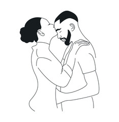 silhouette of a couple kiss head with line art style