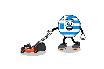 greece flag illustration cartoon holding lawn mower