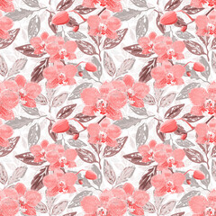 Seamless delicate floral pattern with orchids. Light red flowers, gray leaves on a white background. 