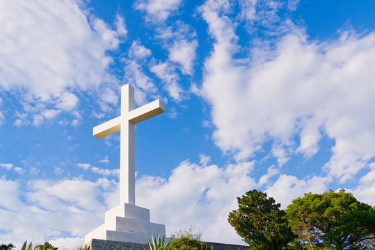 Cross on the hill at Marjan park in Split. Croatia. Monument cross of christ the savior.