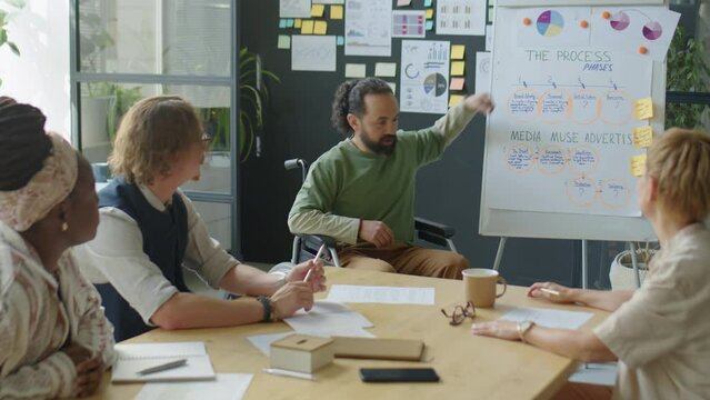 Businessman in wheelchair pointing at flipchart and giving presentation to diverse colleagues during team meeting in office