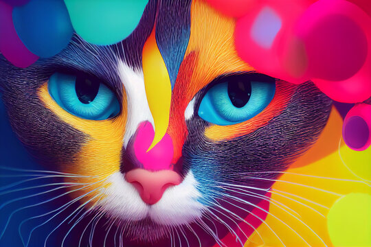 portrait of cat pour thick split colorful paint liquid,3d render