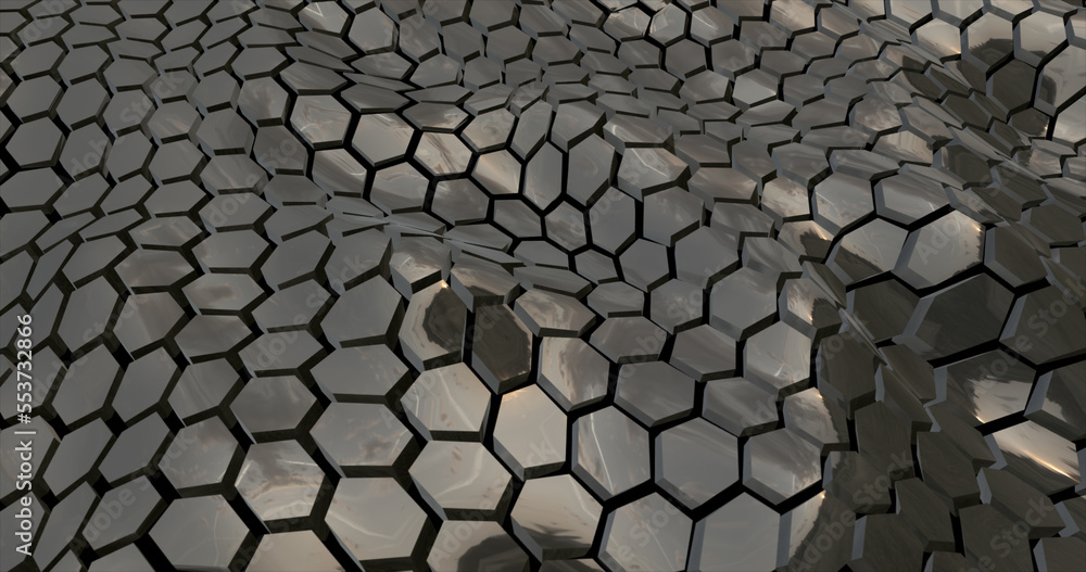 Poster abstract mesh of waves of metallic dark hexagons with reflections. abstract background