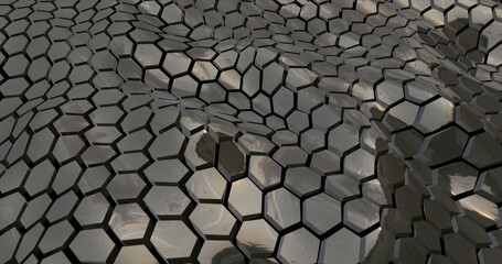 abstract mesh of waves of metallic dark hexagons with reflections. Abstract background