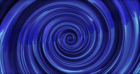 Abstract background with blue swirling funnel or swirl spiral made of bright shiny metal with glow effect. Screensaver beautiful