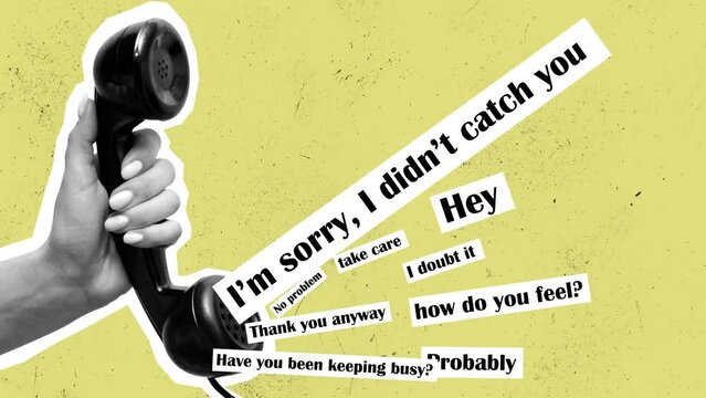 Stop motion, animation. Human hands holding retro vintage phone with magazine style lettering.