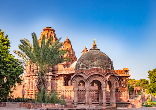 ancient hindu temple architecture with bright blue sky from unique angle at day