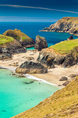 Kynance Cove, England, 25 June 2022 : amazing crystal clear water of Kynance Cove beach in Cornwall